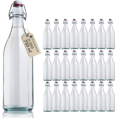 acquaverde | 24 Bottiglie in Vetro Costolata per Acqua, Bevande e Liquori, Design Vintage, Bottiglia Trasparente con Tappo Meccanico Ermetico - 750 ml