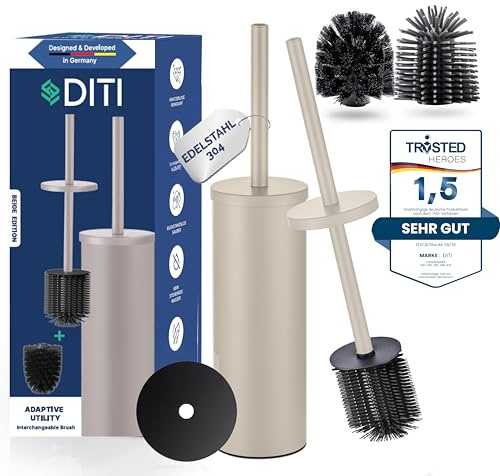 DITI Toalettborste i rostfritt stål, rostfri – beige toalettborste – toalettborste med hållare, 2 borsthuvuden, stänkskydd – antibakteriell, hygienisk toalettborste med långt handtag