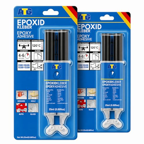 ATG 2 Stück 2 Komponenten Kleber extra stark – 2K Epoxidharz schnellhärtend, Kleber transparent für Metall, Kunststoff, Glas, Holz & Keramik, innen & außen, 25 ml