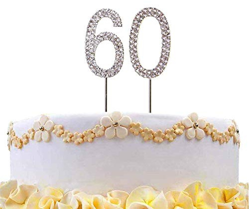 60 Silver Diamond Sparkley Cake Topper Age Year For Mans Womens Birthday Anniversary Party Decorations