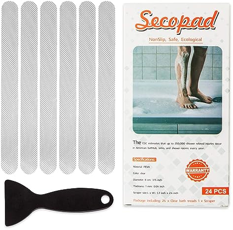 Secopad - 24 adesivi antiscivolo per doccia e vasca da bagno; strisce adesive di sicurezza con raschietto di alta qualità, per vasche da bagno, docce, scale, scale a pioli, barche