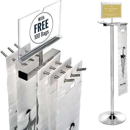 Alpine Wet Umbrella Bag Stand - Umbrella Bags Disposable with Stand, Wet Umbrella Bag Holder, Commercial Umbrella Holder with Free 100 Large Plastic Umbrella Bags Disposable (Stainless Steel)