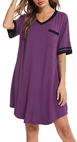 Vlazom Camicie da Notte da Donna Estate Vestito Lunga Morbido Traspiranti Scollo V Maniche Corta，Viola，XXL