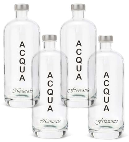 BrandPrint, Set di 4 Bottiglie in Vetro per Acqua Modello Artemide 1 Litro con Tappo a Vite in Alluminio. Per Bevande e Succhi (2 Naturali e 2 Frizzanti)