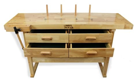 LUMBER JACK WB1520D4 Heavy-Duty Hardwood Workbench, 1520mm x 620mm, 7 Vise, 4 Drawers, Storage Shelf, FSC Certified Wood, Professional & DIY Woodworking Bench, 113kg Capacity