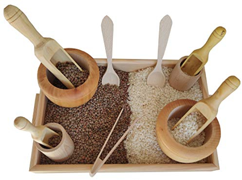 GERILEO Küchenzubehör-Set aus Holz -Transfers- Heuristisches Spiel - Tablett mit Pinzette, Löffel, Becher, Mörser, Schaufeln (12 stück (Holz))