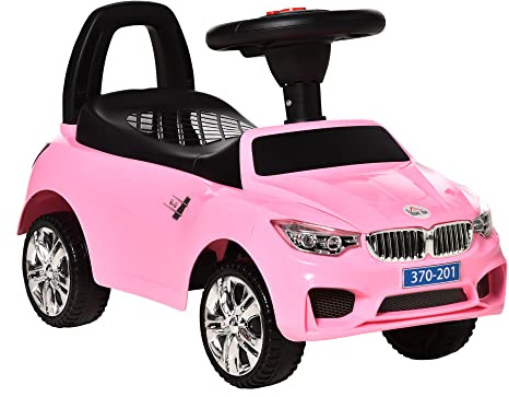 HOMCOM Coche Correpasillos para Niños de 18-36 Meses 63,5x28x36 cm Rosa | Andador Correpasillos, Faros, Música, Bocina, Volante, Espacio de Almacenaje, Asa para Empujar