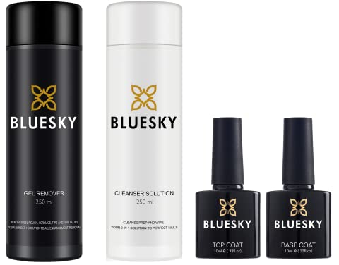 BLUESKY Gel Polish Top and Base Coat 10ml plus Acetone Gel Polish Remover 250ml and Cleanser 250ml . Gel Nail Polish Removal, Prep and Wipe. Top Coat, Base Coat