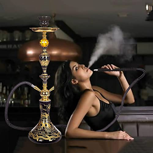 ZYFC Juego de Cachimba, 2 o 4 Mangueras Kit de Cachimba de Shisha Premium con Base de Jarrón de Vidrio Artístico Pintado a Mano, Tazón de Cerámica y Cenicero de Pinzas de Carbón para Principiantes