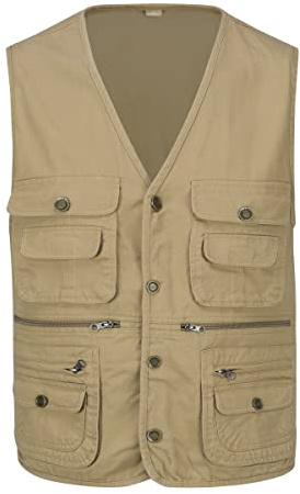 YOUTHUP Herr Multi Pocket Gilet utomhus fiskeväst bomull fotografi jakt safari väst användbarhet ärmlös jacka, gUL, S