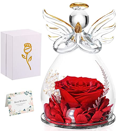 Touloube Regali per la Mamma per la Festa Della Mamma, Rosa Eterna con Angelo di Vetro, Rosa Stabilizzata Vera Regalo Compleanno, Statuette Angeli in Vetro con Fiori Eterni, Angeli Custodi per Lei