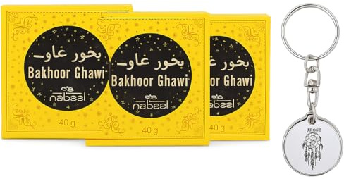 Nabeel Bakhoor Ghawi 3 x 40g Arabic Incense | Oriental Woody Fragrance with Saffron & Sandalwood | Includes JRose Trolley Coin Keychain | Use with Charcoal or Electric Burner