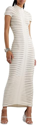 Atyfuniby Womens Sweater Bodycon Dresses Short Sleeve Crochet Knit Tube Sheer Stripe Mock Neck Midi Dress White L