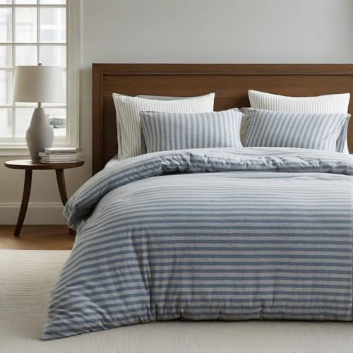 Simple&Opulence 100% Jersey Knit Cotton Duvet Duvet Cover Set -Ultra Soft Striped Duvet Cover Full Size-1 Blue Comforter Cover with Grey Stripes and 2 Pillowcases (Blue and Grey Stripes, 78X86)