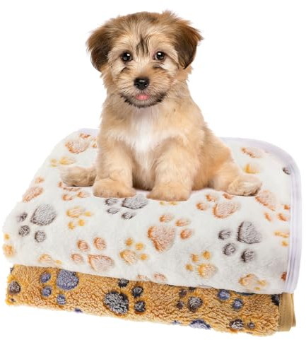 WLLHYF 2 Stück Haustierdecke, Flanell Kuschelig Warm Beruhigende Decke Pfotenabdruck-Überwurf Bettdecke für Katzen, Hunde, Welpen, Kätzchen (Braun+Weiß)