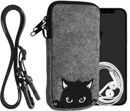 kwmobile Handytasche für Smartphones XL - 6,7/6,8 - Filz Handy Hülle Grau Schwarz - Handy Tasche mit Kette 17,2 x 8,4 cm Innenmaße - Neugierige Katze