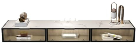 Hängend TV Board Luxuriöser schwebender TV-Ständer mit Schiefer-Tischplatte und herunterklappbaren Glastüren, 70,8''/78,7 schwebendes Regal for unter dem Fernseher, an der Wand montiertes Medienkonso