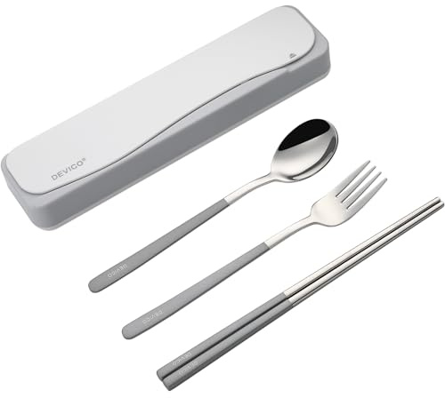 DEVICO Reisebesteck 18/8 Edelstahl - 4-Teiliges Camping Besteck set mit Gabel, Löffel, Essstäbchen und Etui - Perfektes Tragbares Essbesteck Set für Erwachsene und Jugend (Grau)
