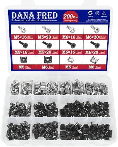 200pcs M6 Rack Screws Cage Nuts Kit,Cage Nut Mounting Screw Bolt Metric Square Hole Hardware for Rack Mount Server Shelves Cabinets Assortment Kit 304 Stainless Steel Black M5X16 M5X20 M6X16 M6X20