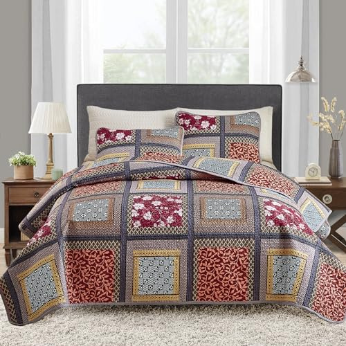 3-teiliges Patchwork-Steppdecken-Set für Doppelbett/Queen-Size-Bett, orange-rot, florales Bauernhaus-Tagesdecken-Set, weiche Mikrofaser, wendbar, leicht, Bettbezug für alle Jahreszeiten (228,6 x 228,6