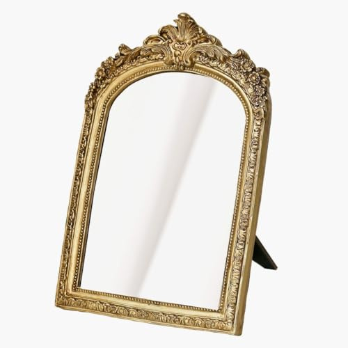 HSDDHOME Small Gold Vintage Vanity Desk Makeup Mirror Antique Decorative Wall Mirror,Resin Carved Arch Table Mirror with Stand for Living Room,Bedroom Dresser,Desktop Decor 10.2 x 7 ﻿