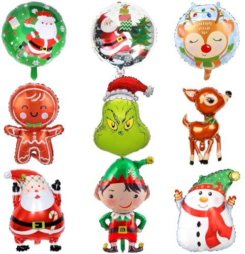 9 Stück Weihnachten Folienballons Weihnachtsmann Schneemann Rentier Lebkuchen Party Dekorationen