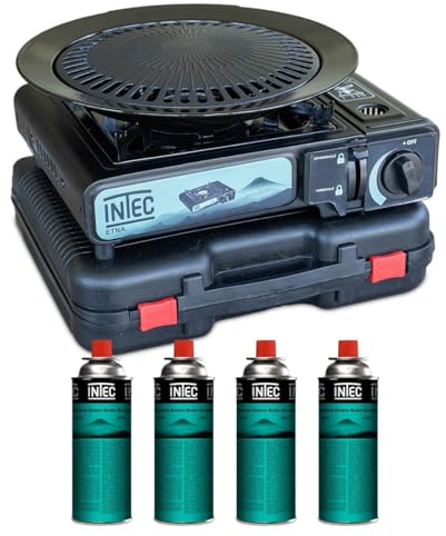 INTEC - Réchaud gaz Portable 2200W ETNA + Plaque Grill 4 Cartouches gaz Camping Allumage Piezo Mallette