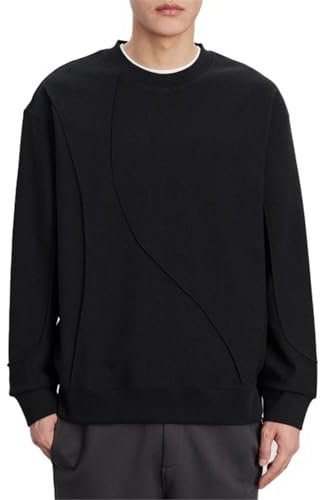 Seiizaa Otoño e Invierno Sudadera de Punto de Felpa para Hombre Jersey de Punto Grueso con Cuello Redondo Informal-Black-L