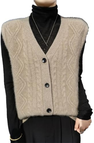 Damen V-Ausschnitt Weste Merino Wolle Sweater Cardigan Ärmellose Weste Lose Top Jumper, Braun Grau, L