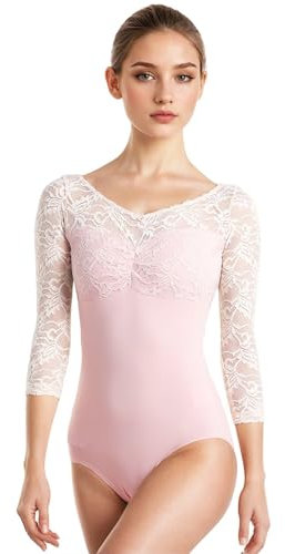 s.lemon Ballett Body Damen,Erwachsene Langarm Spitze Ballett Trikot D042 Rosa 175