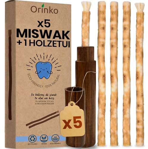 ORINKO® Siwak Naturale x5 con Custodia x1 - Spazzolino Ecologico per Denti - Miswak Africano per Pulizia, Sbiancamento e Igiene Orale - Bastoncini di Araak come Alternativa Sostenibile