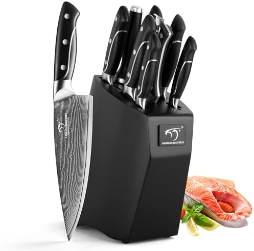 9-Piece Damascus Knife Set with Wooden Block – Professional Japanese VG10 Kitchen Knives, Premium Black Damascus Chef Knife Collection