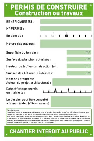AUA SIGNALETIQUE - Panneau Déclaration Travaux Chantier– Akilux 5 mm – 80 x 120 cm – Avec Marqueur + Panneau “Chantier interdit au public” (Permis de Construire)