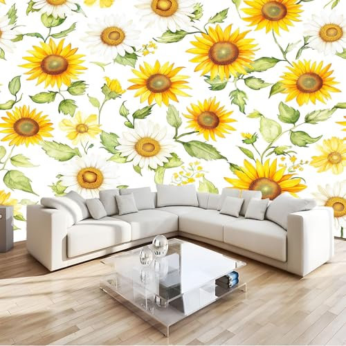 Bianco Carta Da Parati 3D Fiore Di Girasole In Stile Acquerello Poster Decorazione Da Muro Gigante Murale 200 X 140 Cm Per Soggiorno Camera De Letto Sala Ufficio