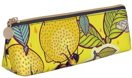 WQUVMDS Federmäppchen aus Leder mit gelbem Zitronen- und Bienenmuster, dreieckiger Reißverschluss, Stifteetui, Kosmetiktasche, Schreibwaren-Tasche