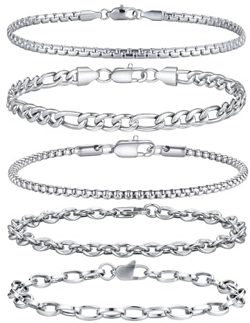 TINGN 5 Stück Edelstahl Armband Herren Silber Armbänder für Herren Figaro Box Kette Armband Set Schmuck Weihnachtengeschenk für Männer ihn Vater Freund Ehemann 7.5 Zoll