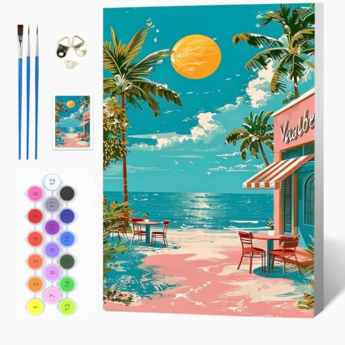 Auremi DIY Strand Malen nach Zahlen Set für Erwachsene Kinder mit Holzrahmen,Landschaft Paint by Numbers Set Mit Ölgemälde für Anfänger Perfekte Geschenkidee und Wanddekoration 20x30cm