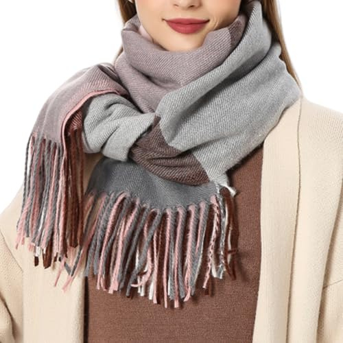 Bufandas Mujer Invierno Grande a Cuadros de invierno con tacto de cachemira para mujer Cachemira sintética Chal Cálido Moda Largas Bufandas Mujer Invierno de Punto con Flecos para Mujeres Hombres