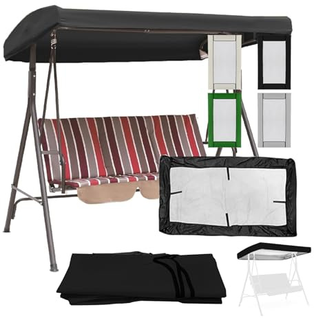 Heavy Duty Waterproof Swing Chair Canopy Replacement for 2 & 3 Seater Garden Swings UV Resistant Rip Proof Outdoor Cover for Patio Porch & Garden (Black 191x120x18/23cm)