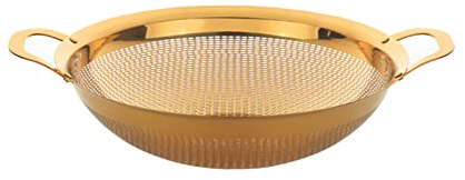 Scolapasta in acciaio inox 18/8, 24,5 cm, resistente, con manico facile da impugnare, design microperforato, per pasta, verdure, riso, frutta e tagliatelle, finitura dorata