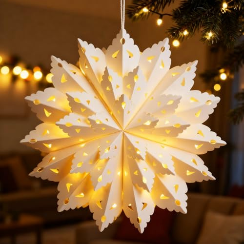 Kssvzz 60cm Weihnachtsstern Beleuchtet, 3D Papierstern zum Aufhängen mit Beleuchtung, Papiersterne zum Aufhängen, Weihnachtsdeko Stern Fenster Innen