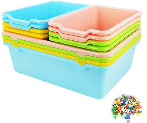 HAOTIAN-X 12 Stück Kunststoff-Aufbewahrungsbehälter, stapelbare Bücherbehälter, 40 und 30 cm große Mehrzweck-Spielzeugbehälter für Klassenzimmer, Büro, Zuhause, Bibliothek, Kinderzimmer (4 Farben)