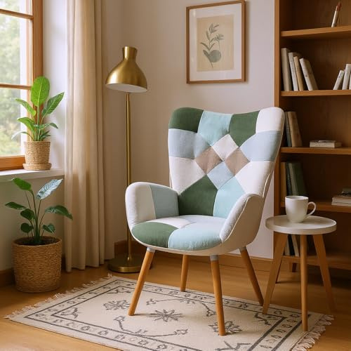 FURNISH 1 Sillón Patchwork con asiento acolchado cómodo y respaldo grueso para la esquina de lectura en casa sillón Aqua de tela suave piel diseño cosido para la relajación de lectura diaria