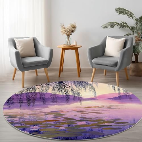 Rotondo Tappeto Classico 150 cm Salici Piangenti Sognanti Lago Ninfee – Tappeto Rotondo Soggiorno Lavabile in Lavatrice Antiscivolo Pelo Corto, Viola, per Camera da Letto Sala da Pranzo Cameretta