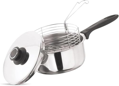 Deep Fat Fry Pan Set Stainless Steel Chip Fryer with Basket and Lid, 3 Piece Frying Pot with Removable Wire Basket, Easy Grip Handle for Chips Fries Fish Snacks Home Kitchen Cooking