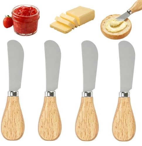 Heryson 4 Pcs Wood Handle Butter Knife Spreader Set, Stainless Steel Ergonomic Spreading Knives for Toast Jam Cream Cheese Bagel Pastry Bread