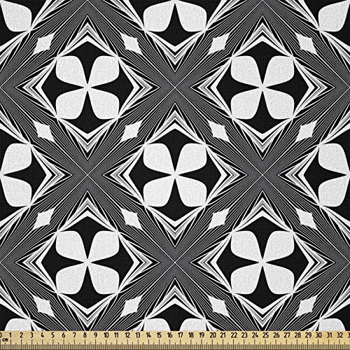 ABAKUHAUS Schwarz und weiß Stoff als Meterware, Blütenblätter und Rhombus, Microfaser Stoff für Dekoratives Basteln, 1M (230x100cm), Schwarz und weiß