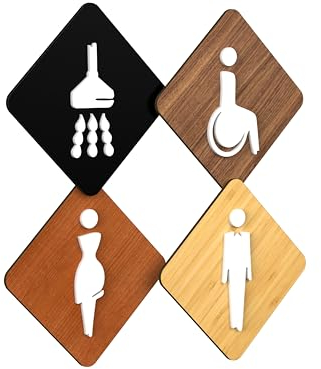 Signs - Elegant, Set 4x - Segnali Bagno Restroom Toilette a Rilievo - Simbolo Doccia, Cartelli bagno Uomo Donna Disabili Cartello Porta Doccia (Rombo)