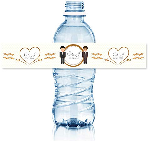 15 Personalisierte Flaschenaufkleber für Hochzeiten und Hochzeitsfeiern. Aufkleber mit Namen zum Aufkleben auf 33 cl Wasserflaschen. Wasser-, kühlschrank- und spülmaschinenfest.