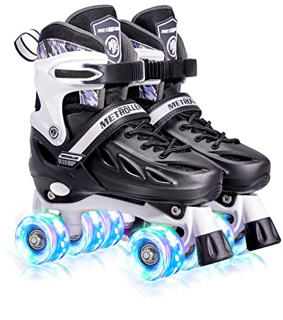 METROLLER Roller Skates for Girls Ages 5-8 8-12 and Boys Teens, Adjustable 4 Sizes for Kids Toddler Rollerskates with Light up Wheels, for Women (Black, Medium-Big Kid (1-4 US))
